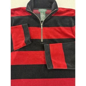Lauren‎ Ralph Lauren Velour 1/4 Zip Sweater Retro Stripes XL Red Preppy VTG Y2K